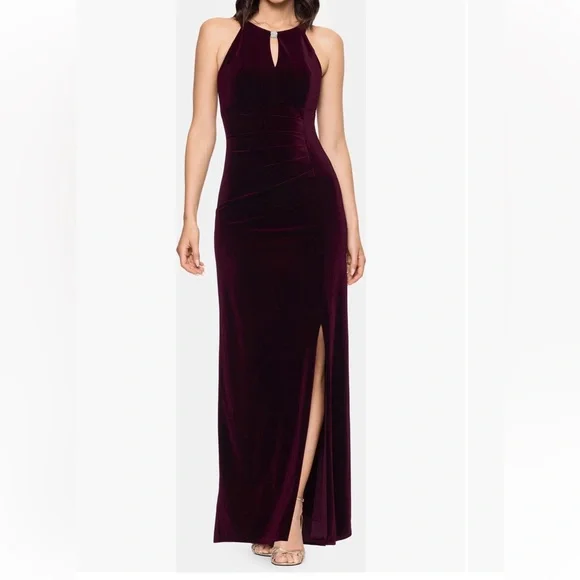 NEW Betsy & Adam Lucille Sleeveless Keyhole Velvet Maxi Dress Gown Burgundy